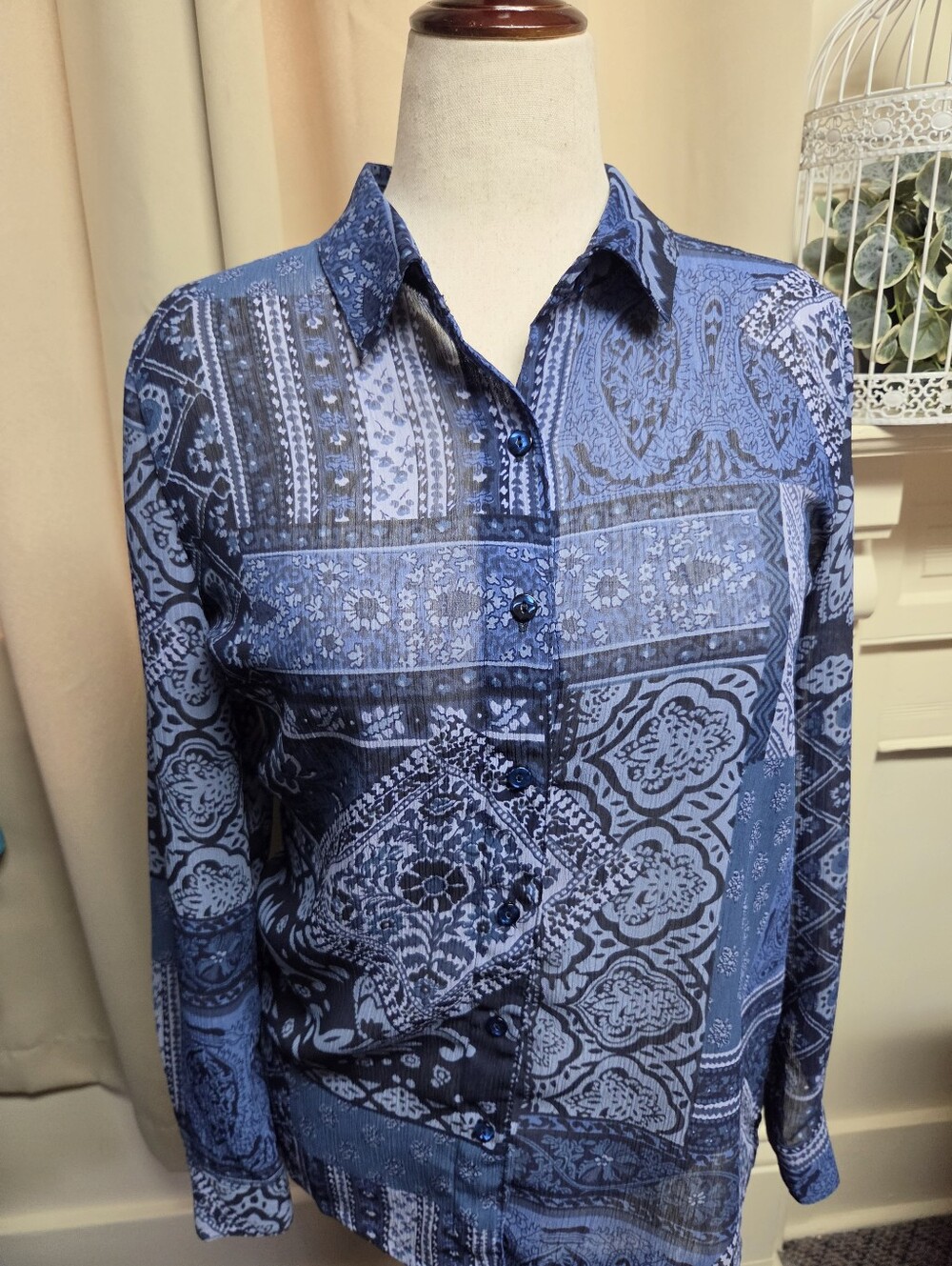 Coldwater Creek Blue Paisley Patchwork Button-Down Shirt Size Medium